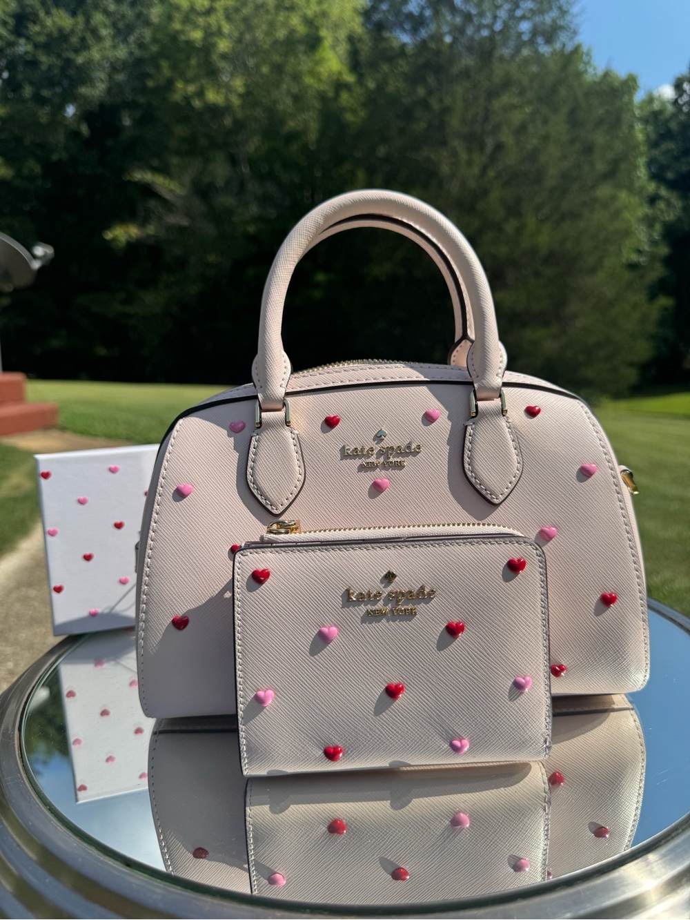 kate spade Madison pale pink satchel & wallet with red and light pink hearts